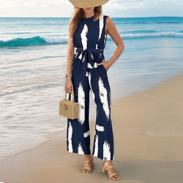 Summer Vacation Sleeveless Printed Wide Leg Jumpsuit for Women