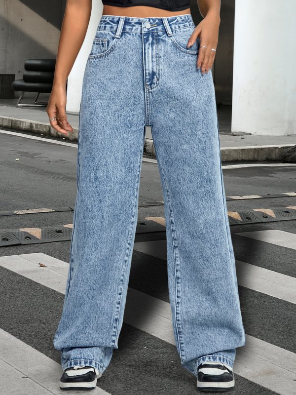 Women's Basic Straight Leg Denim Trousers: Beltless Design