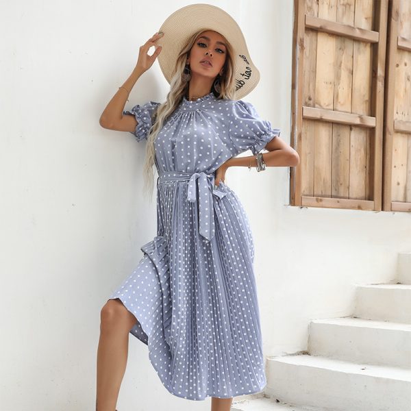 Polka Dot Short Sleeve Round Neck Pleated Dress for Summer Women's Clothing