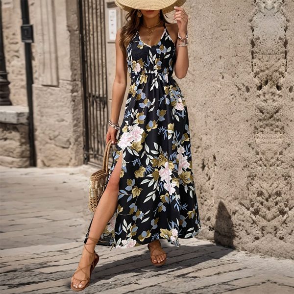 Summer A-Line Long Split Sling Backless Dress with Printing