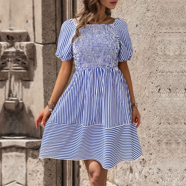 Striped Bubble Sleeve Collared Lace-Up Backless Dress