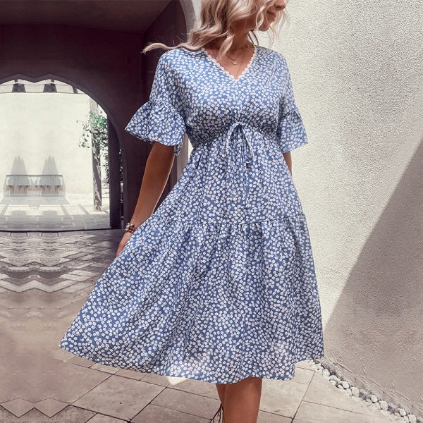 Printed V-neck Blue Dress for Women This Summer