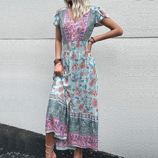 Summer Ethnic Holiday V-Neck Split Dress with Petal Sleeves