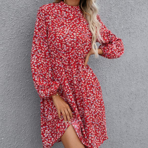 Floral Printed Long Sleeve High Round Neck Pullover Dress for Women