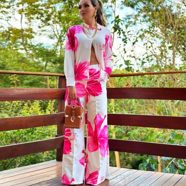 Women's Printed Shirt and Wide Leg Pants Casual Two-Piece Suit