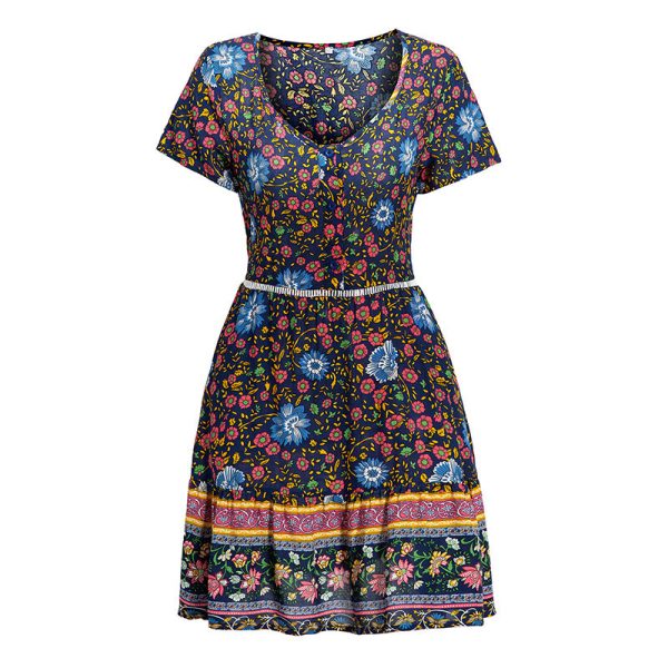 Spring Bohemian Floral Print Swing Dress with V-Neck Short Sleeves