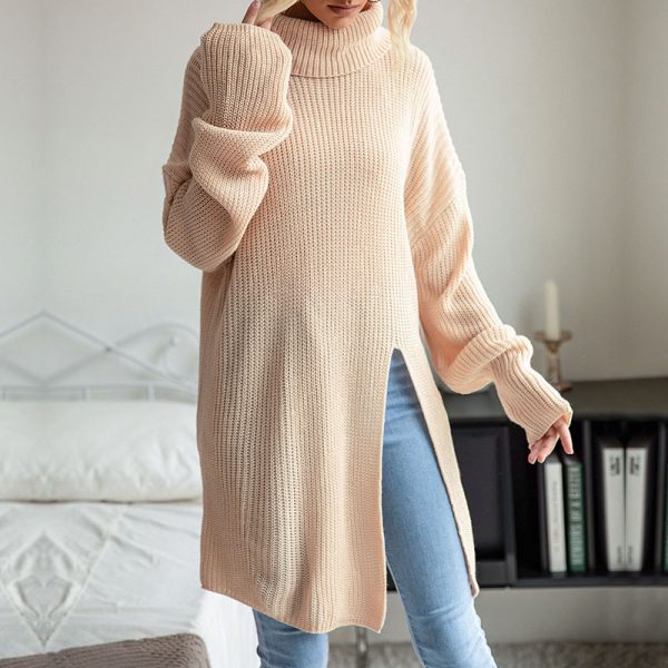 Solid Color Split Long Sleeve High Collar Sweater Dress