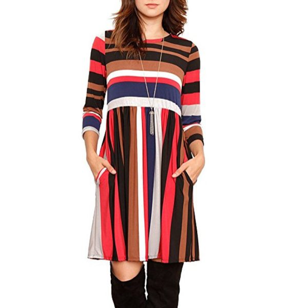 Round Neck Striped Patchwork Long Sleeve Casual Pullover Dress