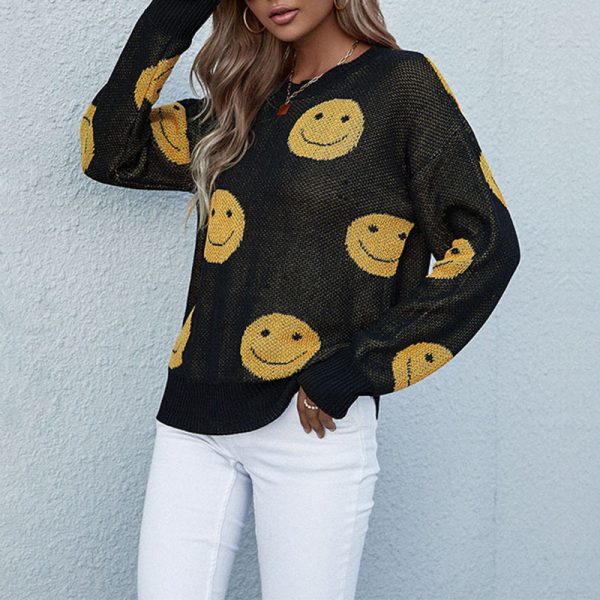 Smiley Face Long Sleeve Sweater - Cozy Autumn Vibes