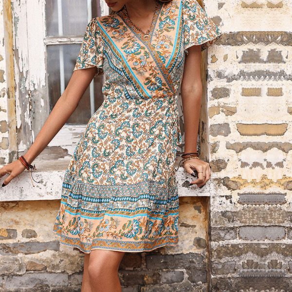 V-neck Slim Vintage Print Dress for Summer