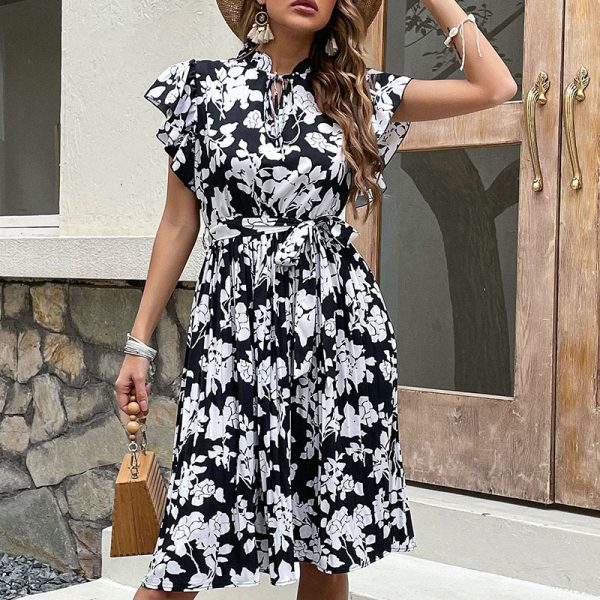 High Waist Midi Printed Black Dress for Summer