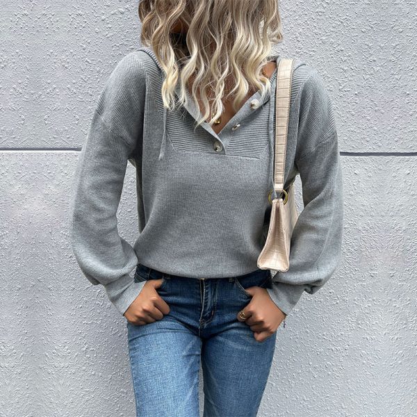 Solid Color Long Sleeve Hooded Knitted Sweater for Autumn/Winter