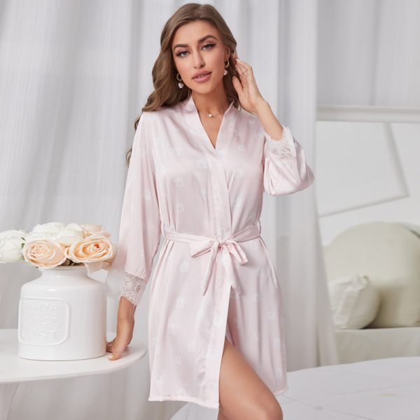 Summer Sexy Lace Ice Silk Robe: Long Sleeve Mid-Length Morning Gown