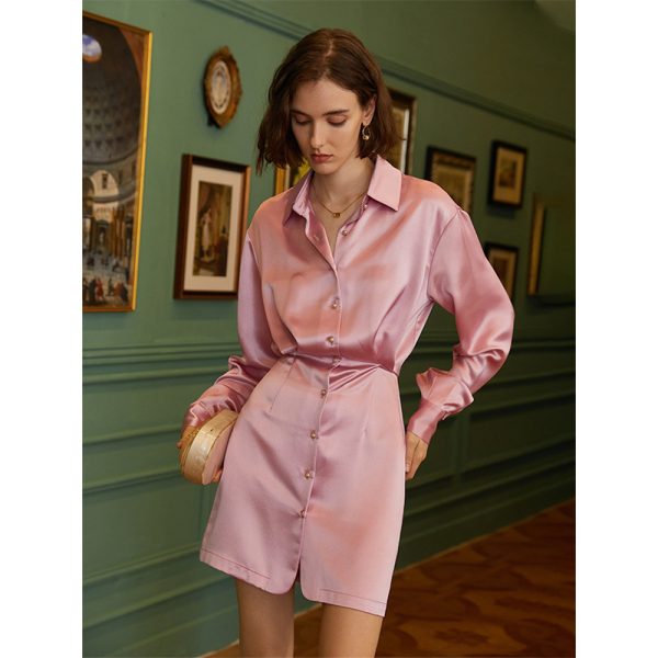 Silk Acetate French Slim Shirt Dress