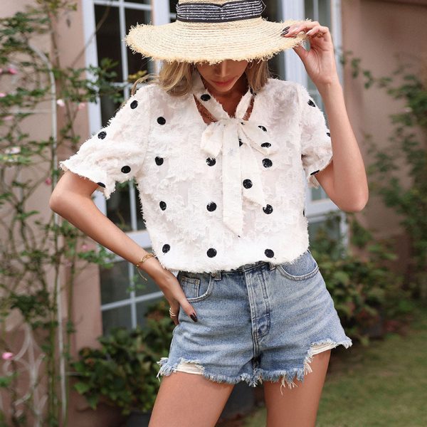 Polka Dot Chiffon Bow Shirt with Short Sleeves