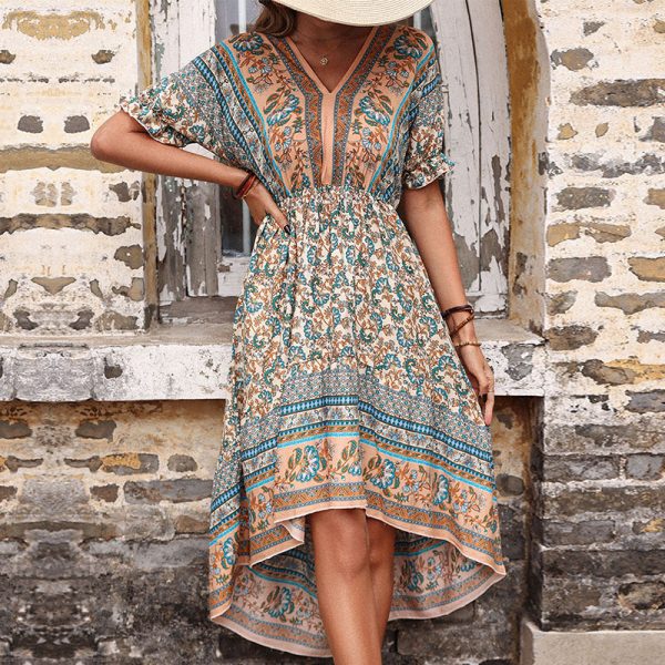 Summer Retro Asymmetric Irregular Mid-Length Holiday Dress with Printing