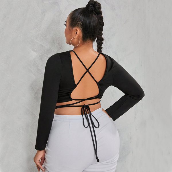 Plus Size Sexy Lace-Up Backless Short-Sleeved T-shirt Autumn Winter Coat