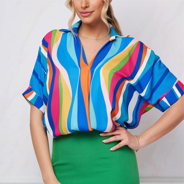 Striped Printed Short-Sleeved Pullover Loose Shirt for Women