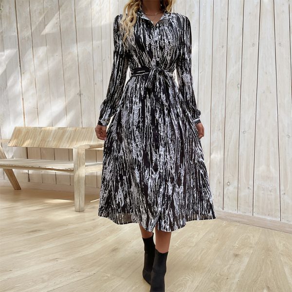 Chic Spring Style: Long Sleeve Collared Printing Dress