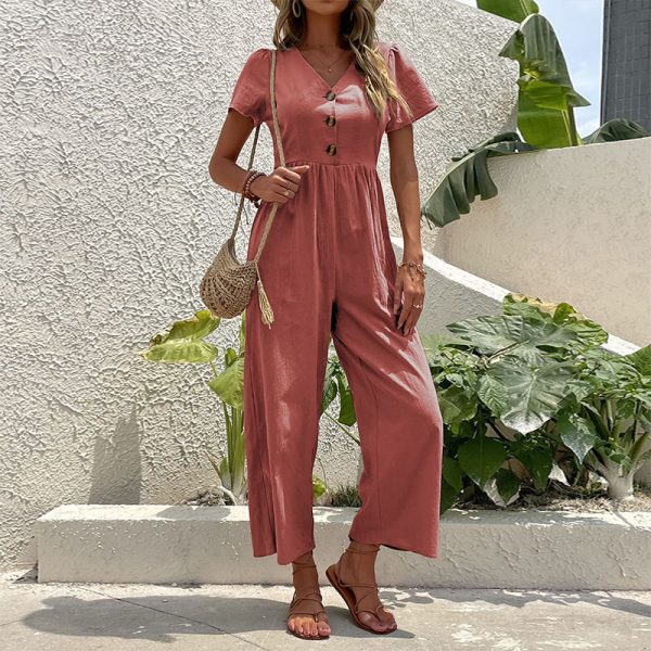 Casual Solid Color Cropped Wide-Leg Jumpsuit