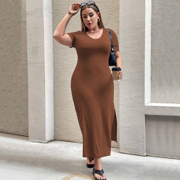 Plus Size Waist-Controlled Split Short Sleeve Sheath Dress