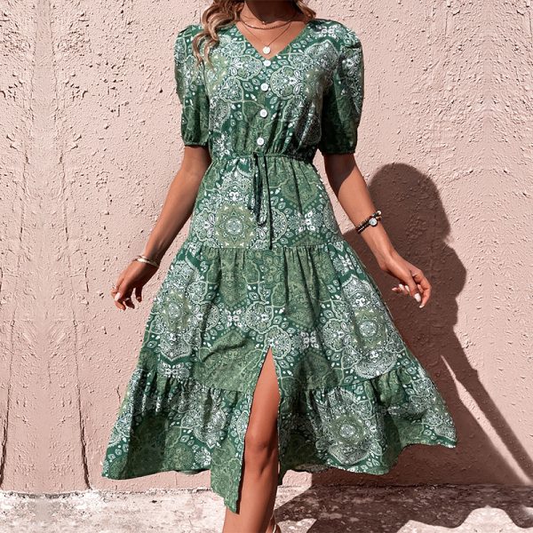 Green Midi Printed Dress for Summer Women's Wear