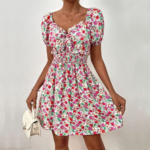 Summer Floral Waist Puff Sleeve Stitching Dress