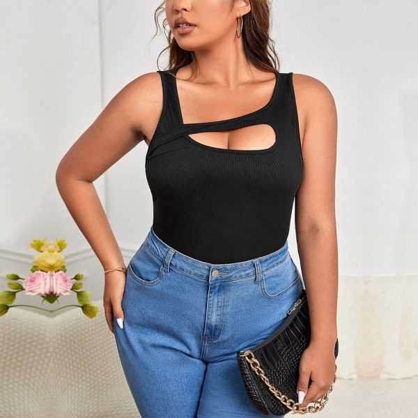 Plus Size Asymmetric Shoulder Strap Hollow Cutout Solid Color Vest Top