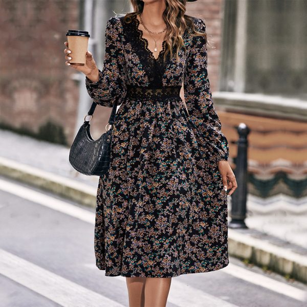 Spring/Autumn Lace V-Neck Patchwork Dress: Slim Fit Women's Fashion