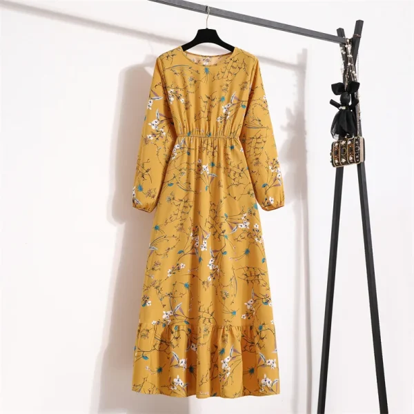 WomenChiffon Dress Elegant Print Floral High Waist Slim Long Sleeved O-neck Spring Long A-line Dresses Vestidos