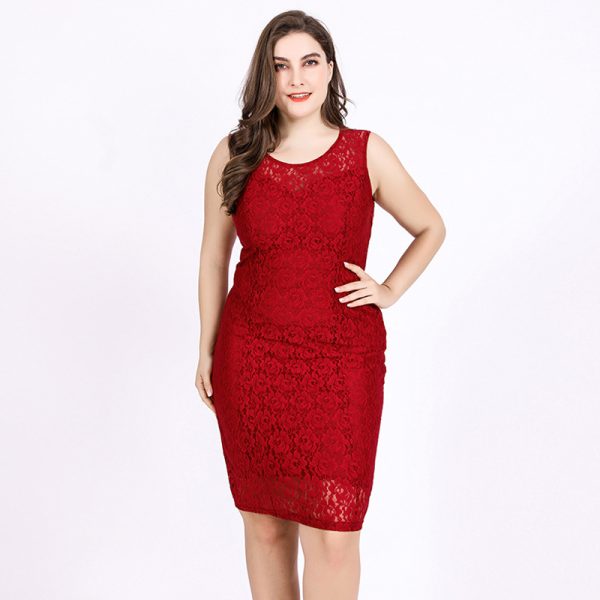 Plus Size Women Lace Dress: Summer Sleeveless Crochet Hollow Out Cutout Sexy Office Pencil Dress