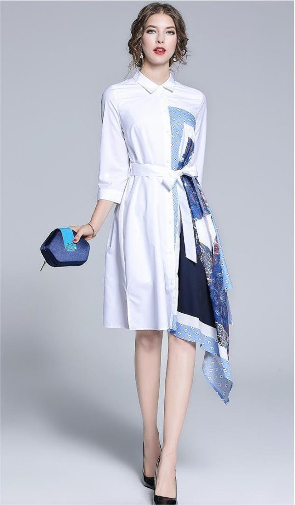 New Patchwork Printed Irregular Asymmetric 3/4 Sleeve Dress with Delivery Belt for Women