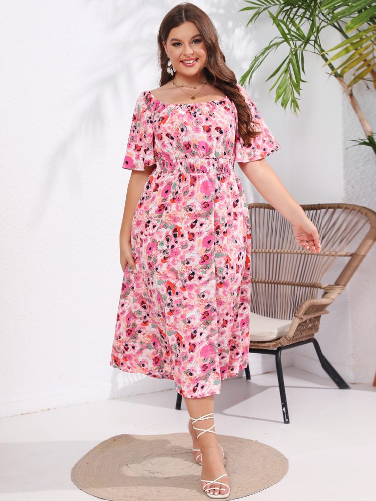 New Summer Short Sleeve Square Neck Super Slim Fit Mid-length Dress for Plus Size Women