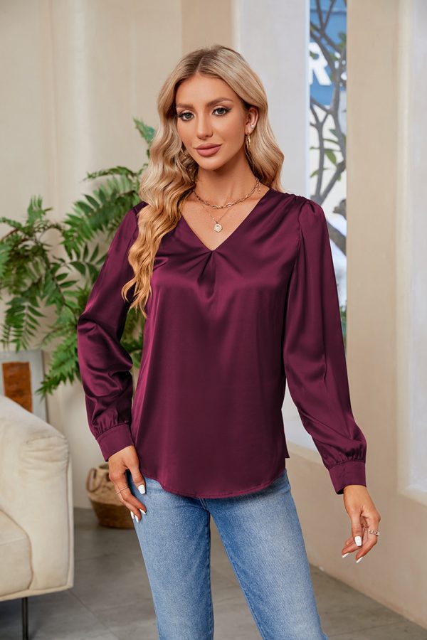 V-Neck Pleated Satin Top: Women's Casual Office Wear