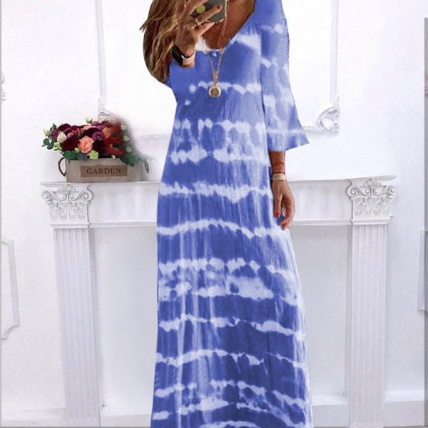 Summer New Loose Striped V-Neck Pullover Printed Long Dress for Women