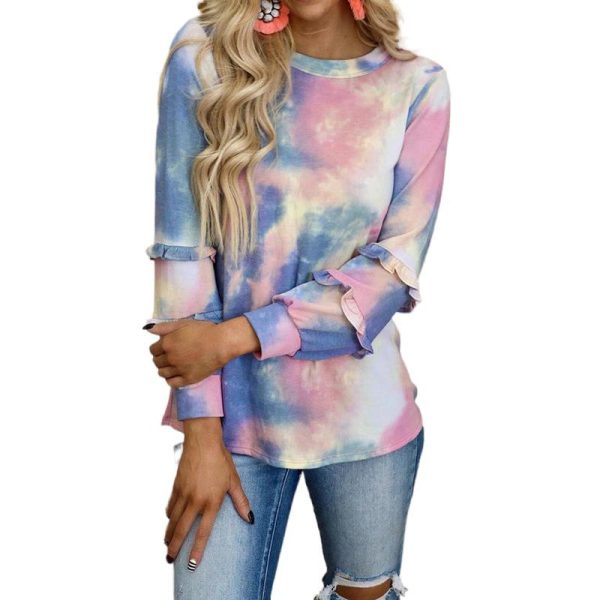 Tie Dye Printed Long Sleeve Patchwork Ruffled Crewneck Casual Women's Top