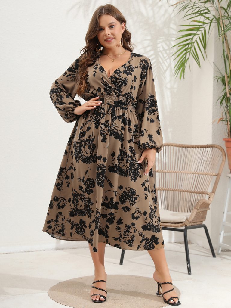 Plus Size Women's V-Neck Long Sleeve Dress