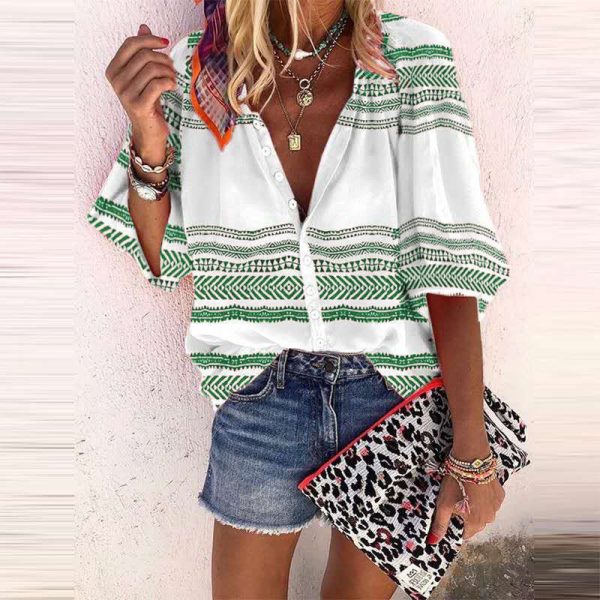 Women Bohemian Striped Printed Fashionable Shirt Women Top Outfit Ideas