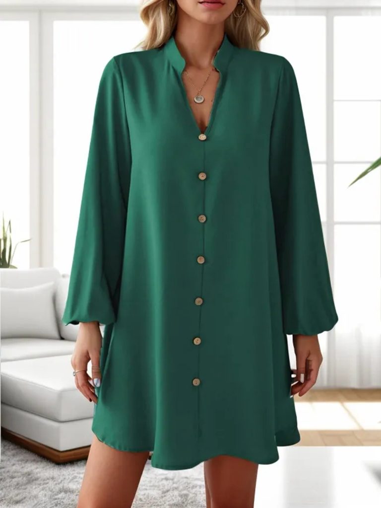 Women Spring And Autumn Solid Color Button Long Sleeve V Neck Dress