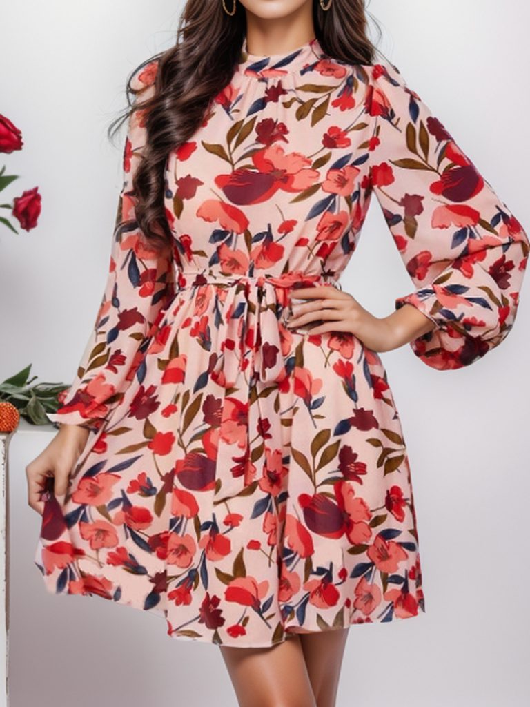 Women Spring And Autumn Printed Belt Button Long Sleeve Round Neck Dress