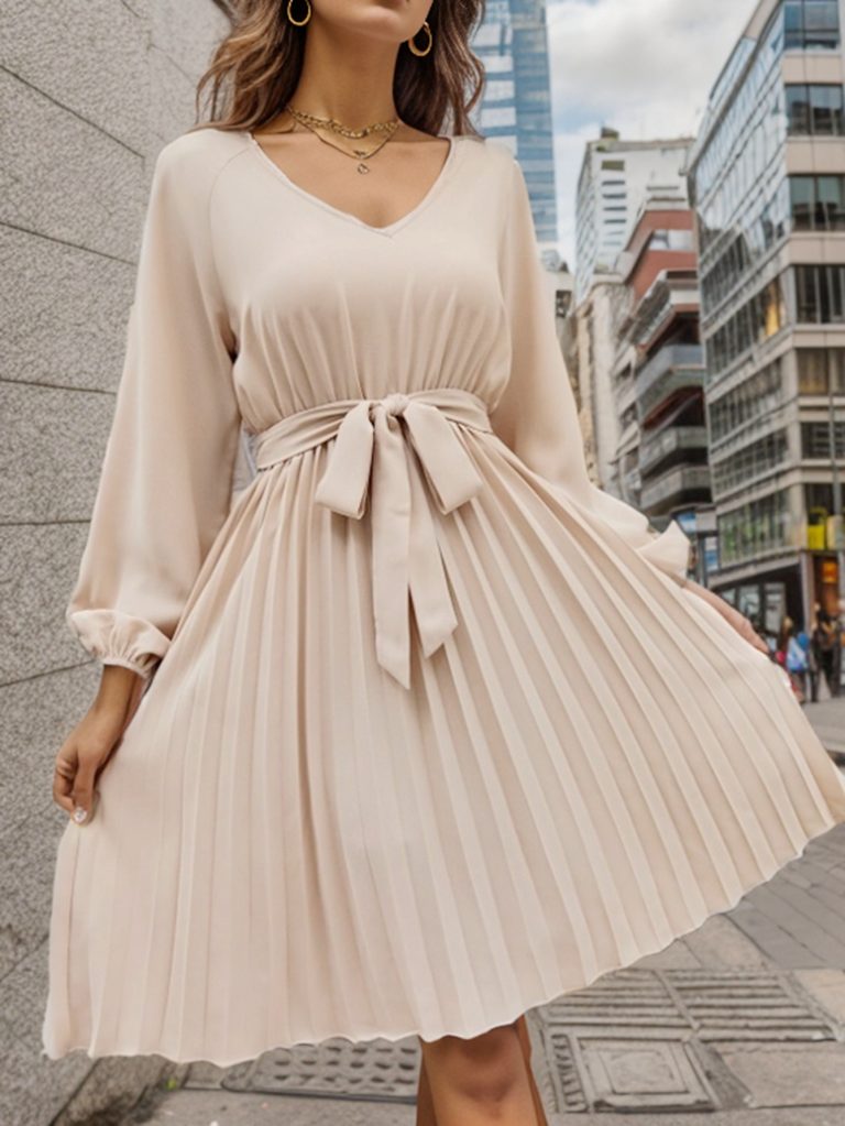 Women Spring And Autumn Long Sleeve Solid Color V Neck Dress