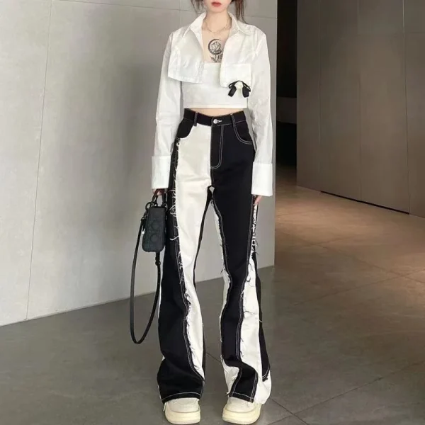 Retro Fashion Y2k Streetwear Black And White Wide Leg Pants Women