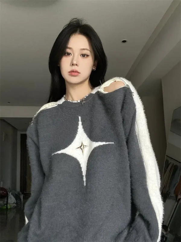 Contrast Star Off-Shoulder Loose Pullover Long Sleeve Top