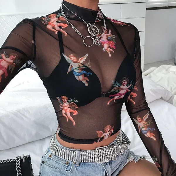 Transparent Mesh Long Sleeve Turtleneck T-shirt: Sexy Style