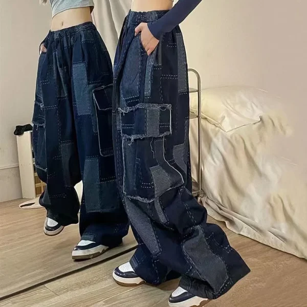 Vintage Patchwork Plaid Pocket Japanese Chic Wide Leg Pants