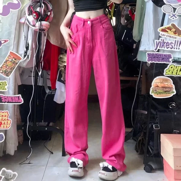 Retro Pink Pocket High Waist Straight Pants