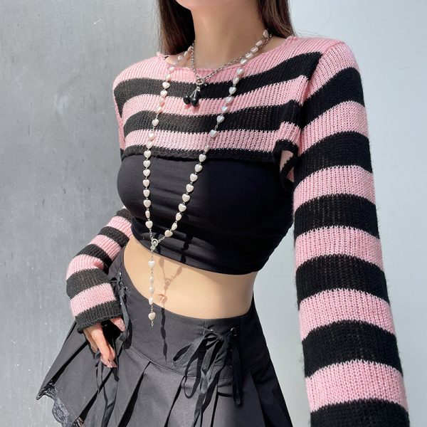 Hegel Autumn Pink Stripe Woolen Top: Sexy Loose Blouse