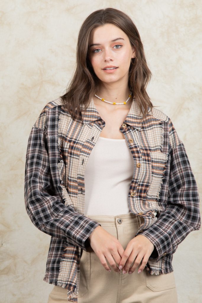 Spring Collared Long Sleeve Thin Plaid Stitching Shacket Outfit Ideas