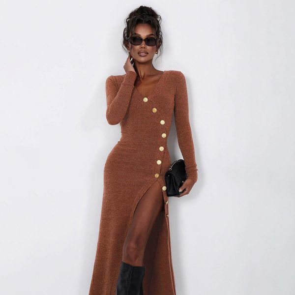 Socialite V neck Sexy Irregular Asymmetric Thread Breasted Long Sleeve Slimming Waist Slit Elegant Dress