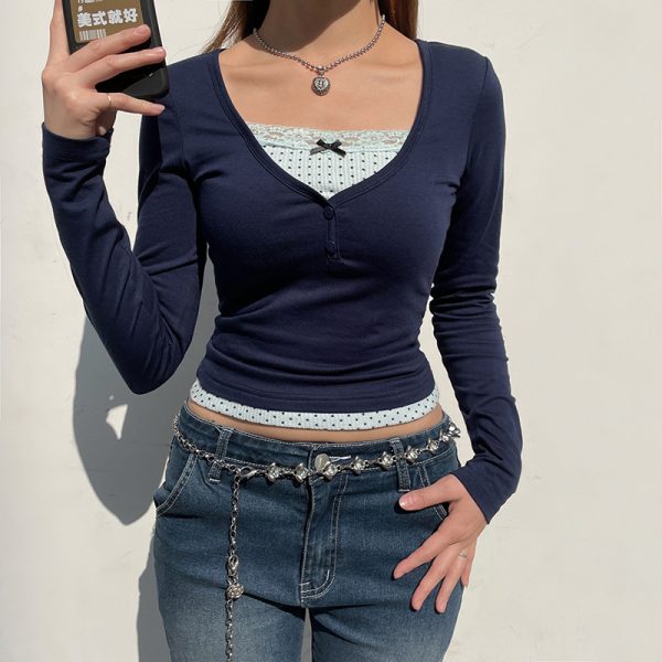 V neck Stitching Contrast Color Bow Slim Fit Slimming T shirt